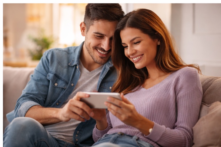 Couple souriant en regardant un téléphone ensemble